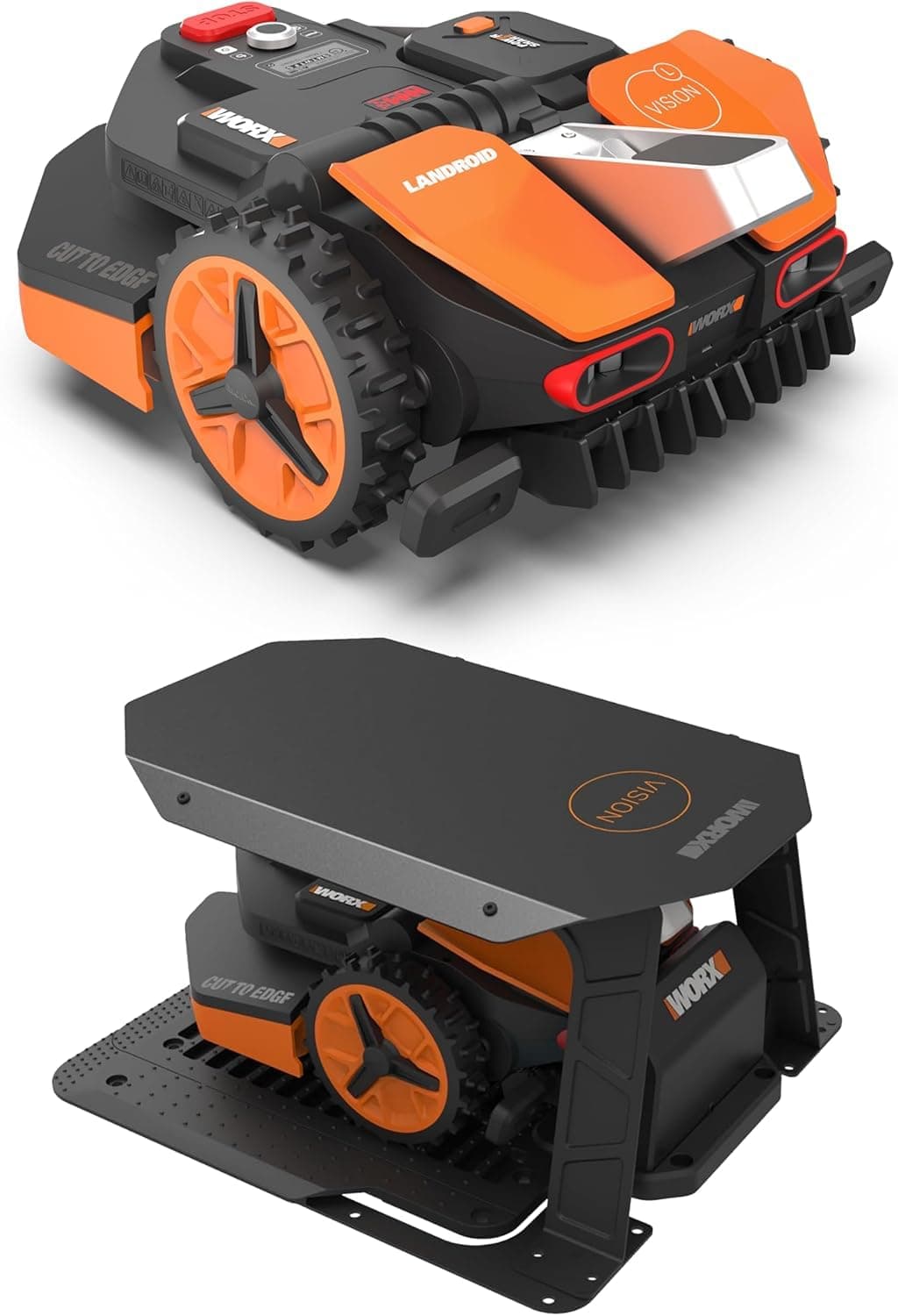 PACK WORX LANDROID VISION 1600m² Robot tondeuse sans fil périphérique, WR216E.1 + Garage de protection (Caméra 4K + IA Adaptative, évite les obstacles, coupe des bordures, Multizone)