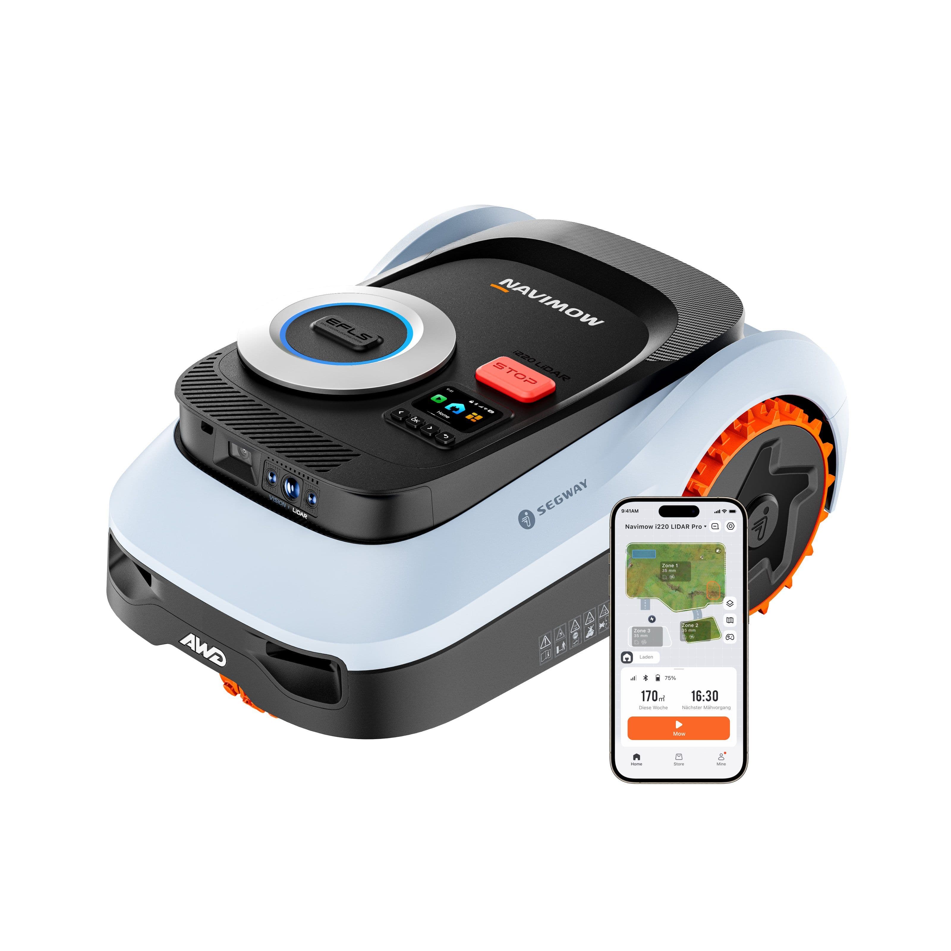 NAVIMOW Rasenmähroboter Segway i210/i220 LiDAR Pro Mähroboter ohne Begrenzungskabel, bis 2000 m² Rasenfläche, (1-St., Xero-Turn AWD für 55 % Steigungen, Auto-Kartierung), mit Garage M, LiDAR+Vision+NRTK Tri-Fusion-Positionierung
