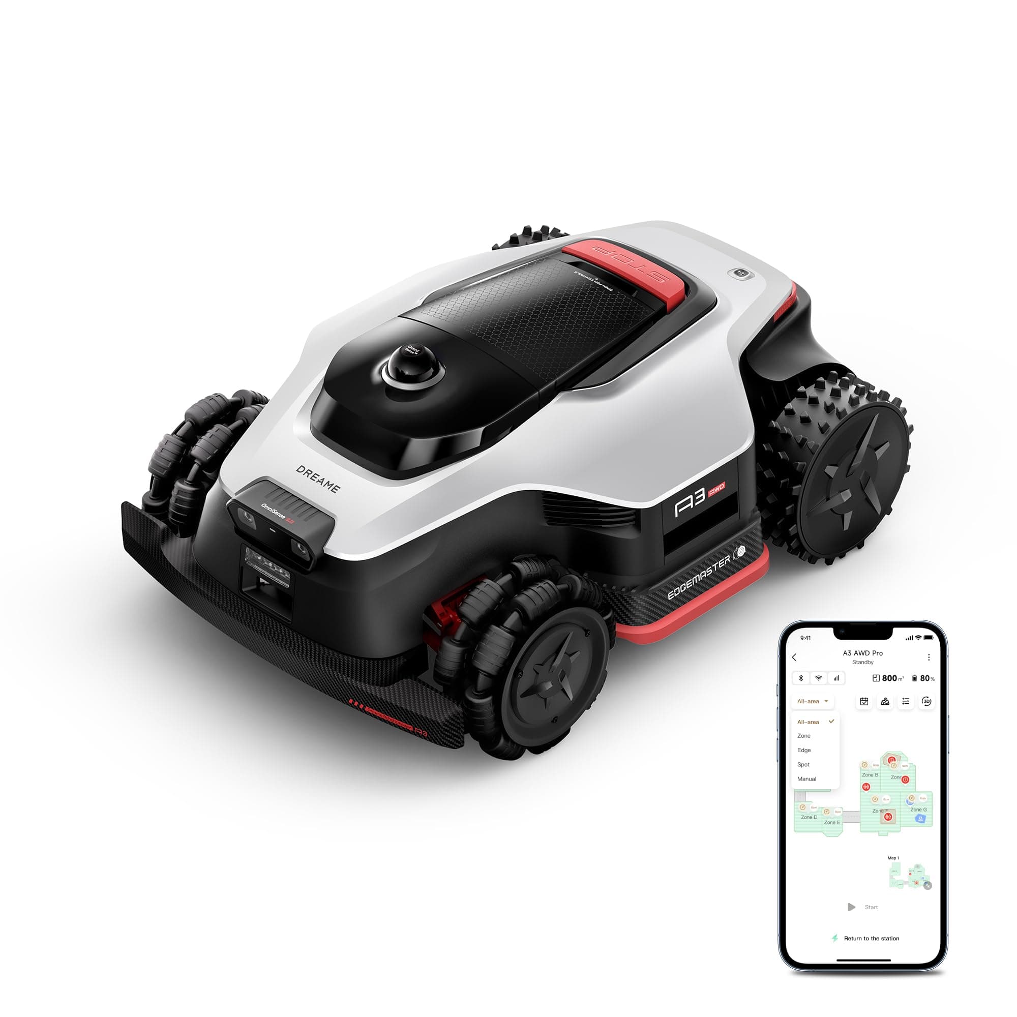 DREAME A3 AWD Pro 3500 Robot Cortacésped, para hasta 5000 m², Motores Hub 4WD, Sin RTK, LiDAR 3D 360° y Visión IA Dual, Capacidad de Subida del 80% (38,7°), EdgeMaster 2.0: Corte de Borde < 3 cm
