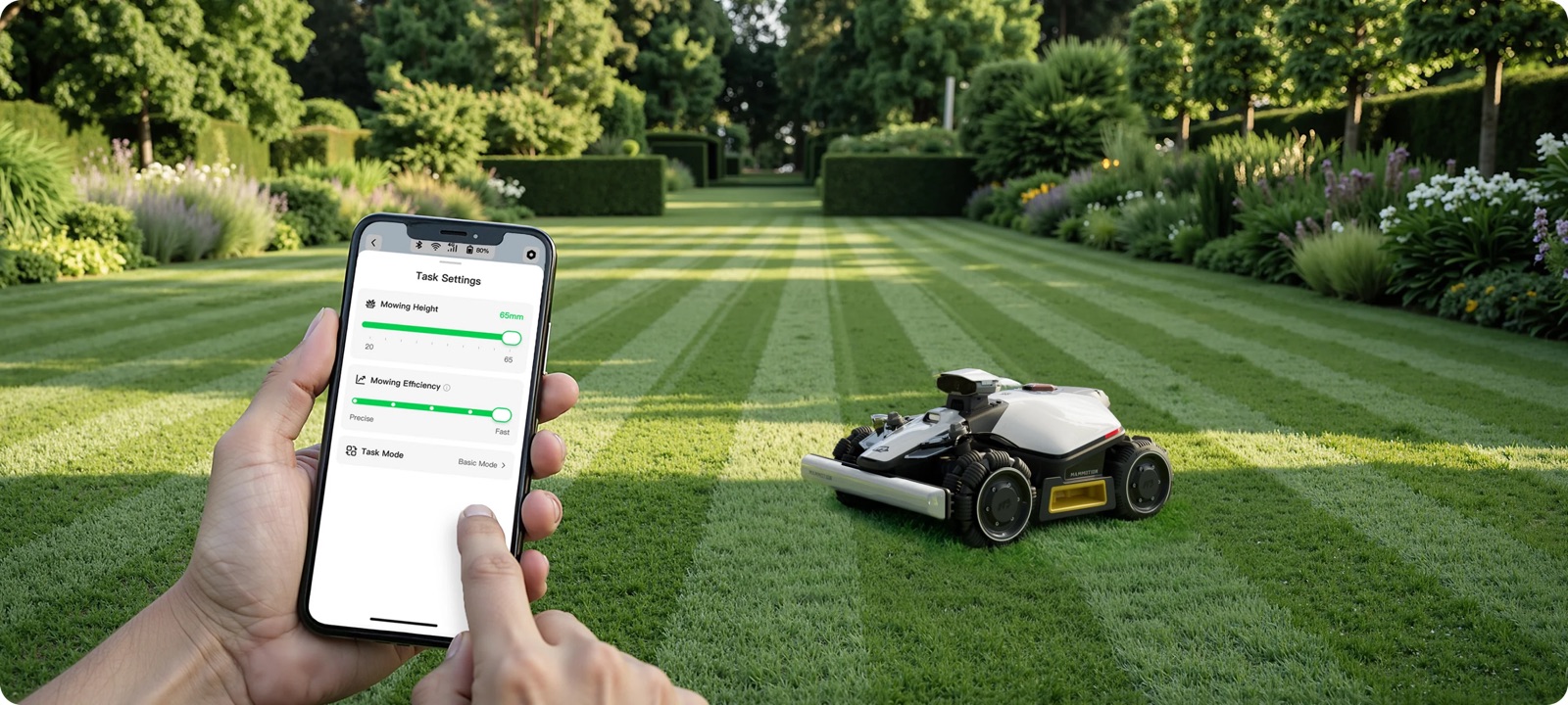 Mammotion LUBA Mini robot mower controlled from the smartphone app on a striped lawn